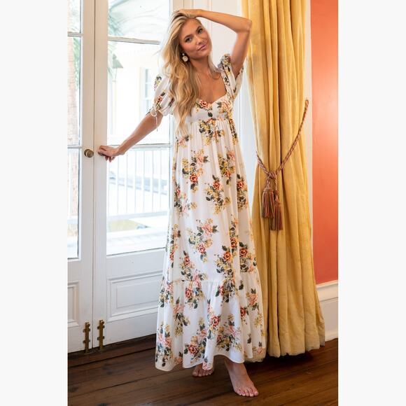 NWT AURA "Whimsical Blooms" Floral Print Tiered Maxi Dress (Off-White | Size S) - Picture 2 of 7